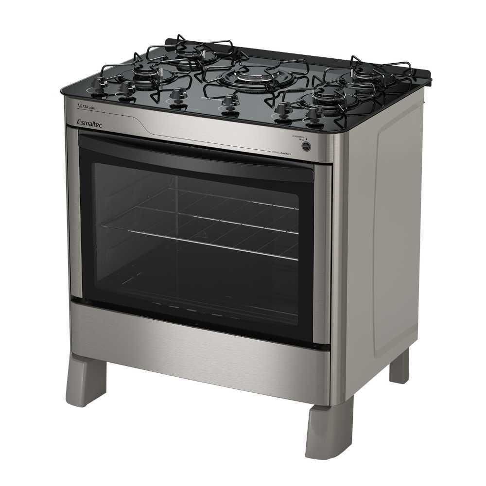 Fogão A Gás 5 Bocas Automático ágata Glass Inox Mesa De Vidro - Esmaltec