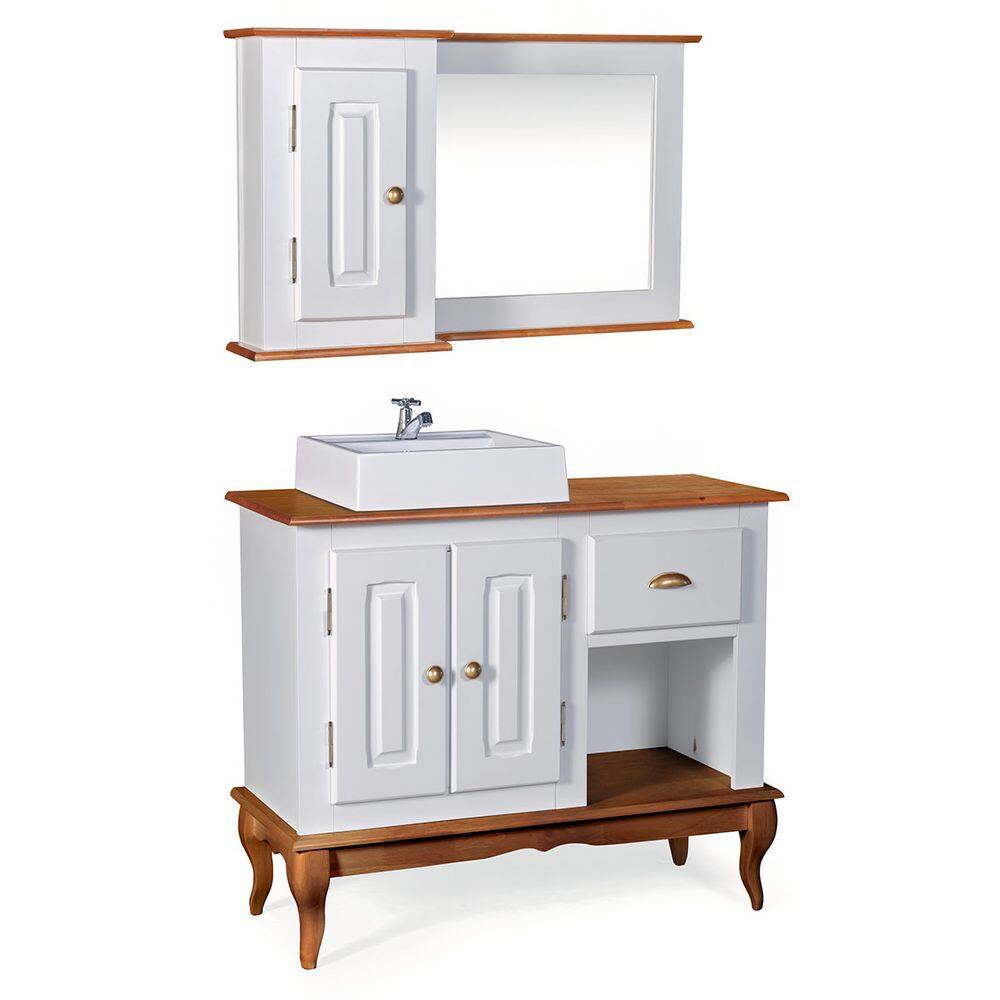 Gabinete para Banheiro 2 Portas com Cuba e Espelheira Dália 3058 Linz Móveis - Off White/Imbuia Glazer