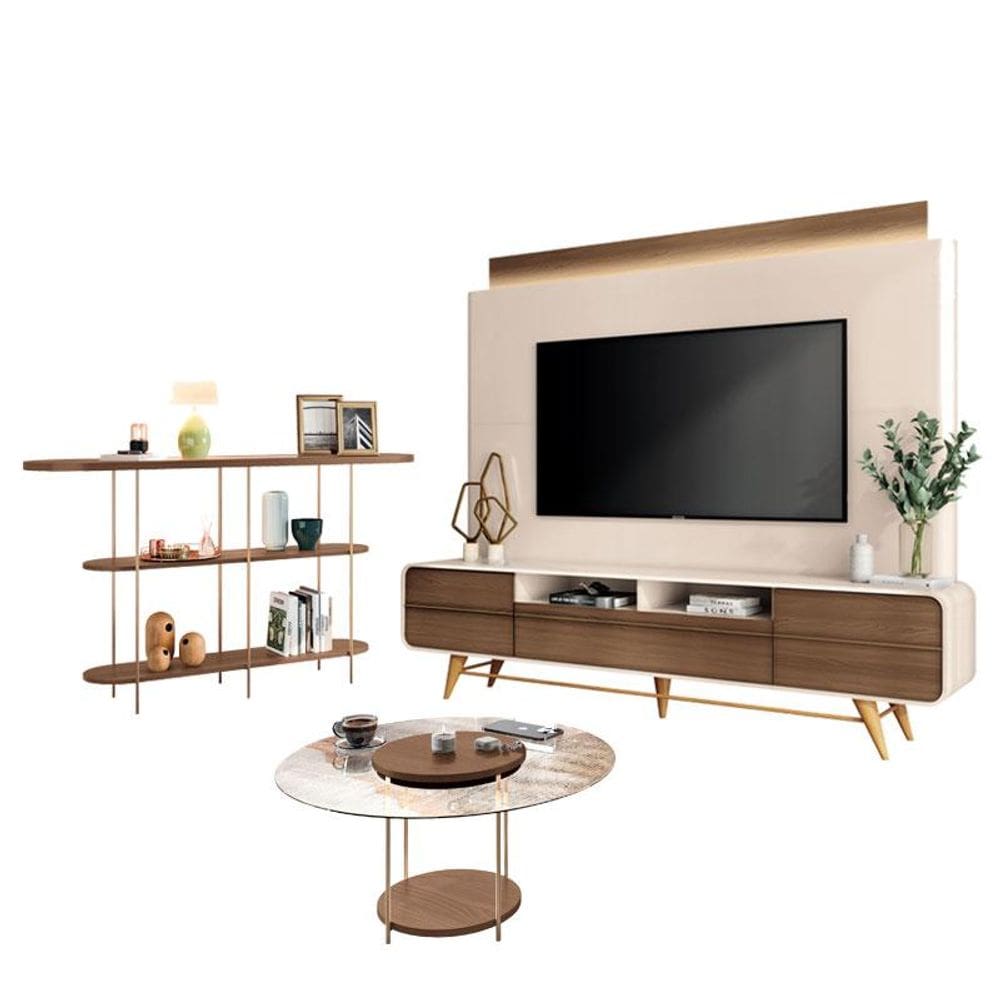 Estante Home Theater Nobre Off White Castanho e Aparador Infinity e Mesa de Centro Sky com Tampo de Vidro Castanho – HB Móveis