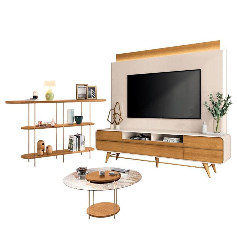 Estante Home Theater Nobre Off White Cinamomo e Aparador Infinity e Mesa de Centro Sky com Tampo de Vidro Cinamomo – HB Móveis