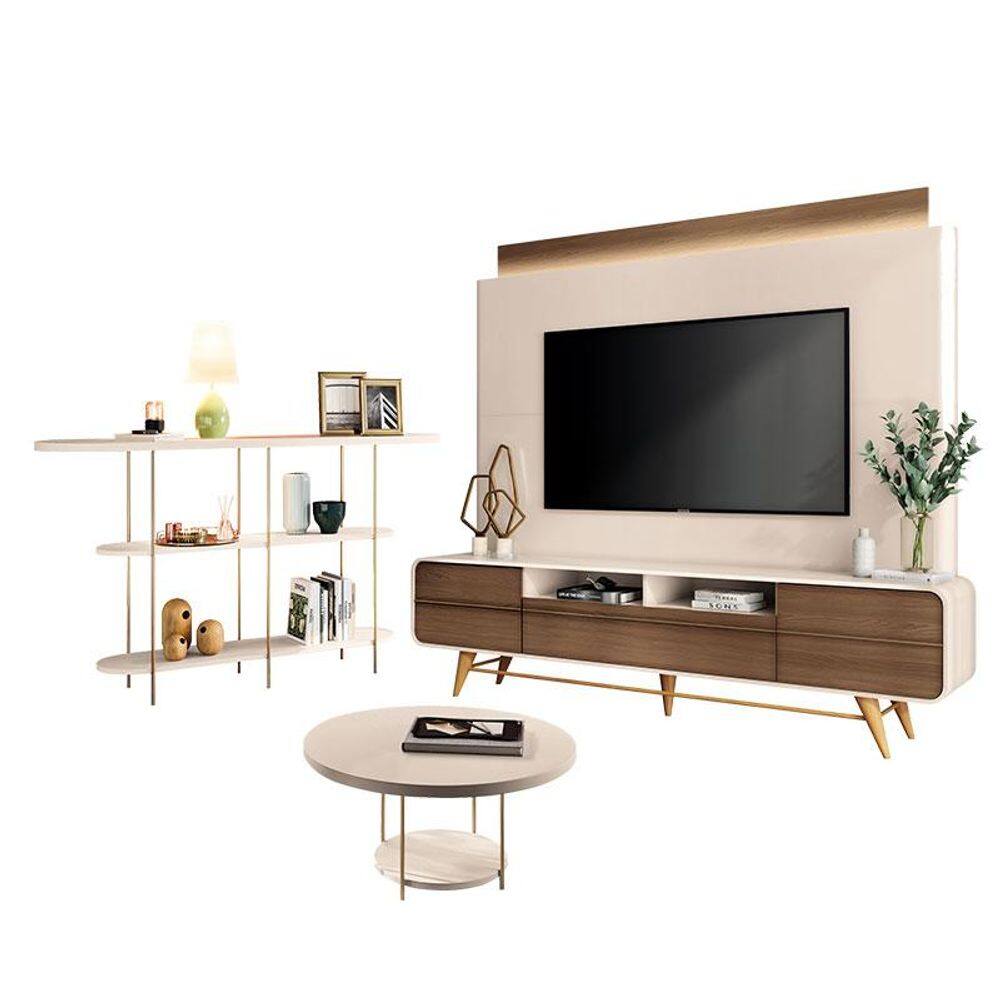Estante Home Theater Nobre Off White Castanho e Aparador Infinity e Mesa de centro Sky Off White- HB Móveis