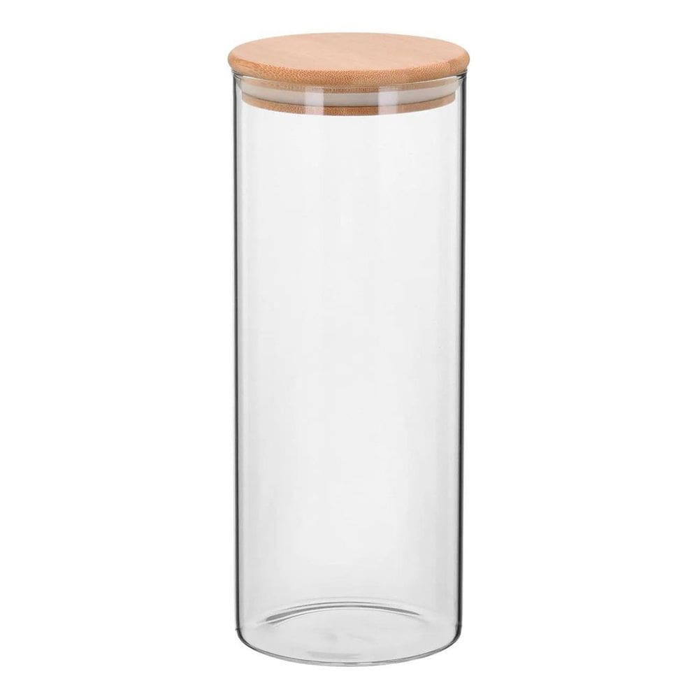 TABLE POTE PORTA MANTIMENTOS 25x10x10cm 1,4 LITROS BOROSILICATO TRANSPARENTE COM TAMPA BAMBU