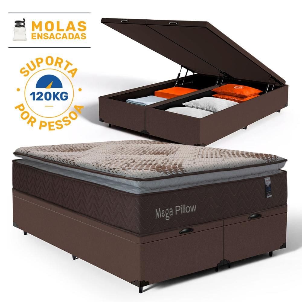 Cama Box Baú com Colchão de Molas Ensacadas Mega Pillow Queen 158cm