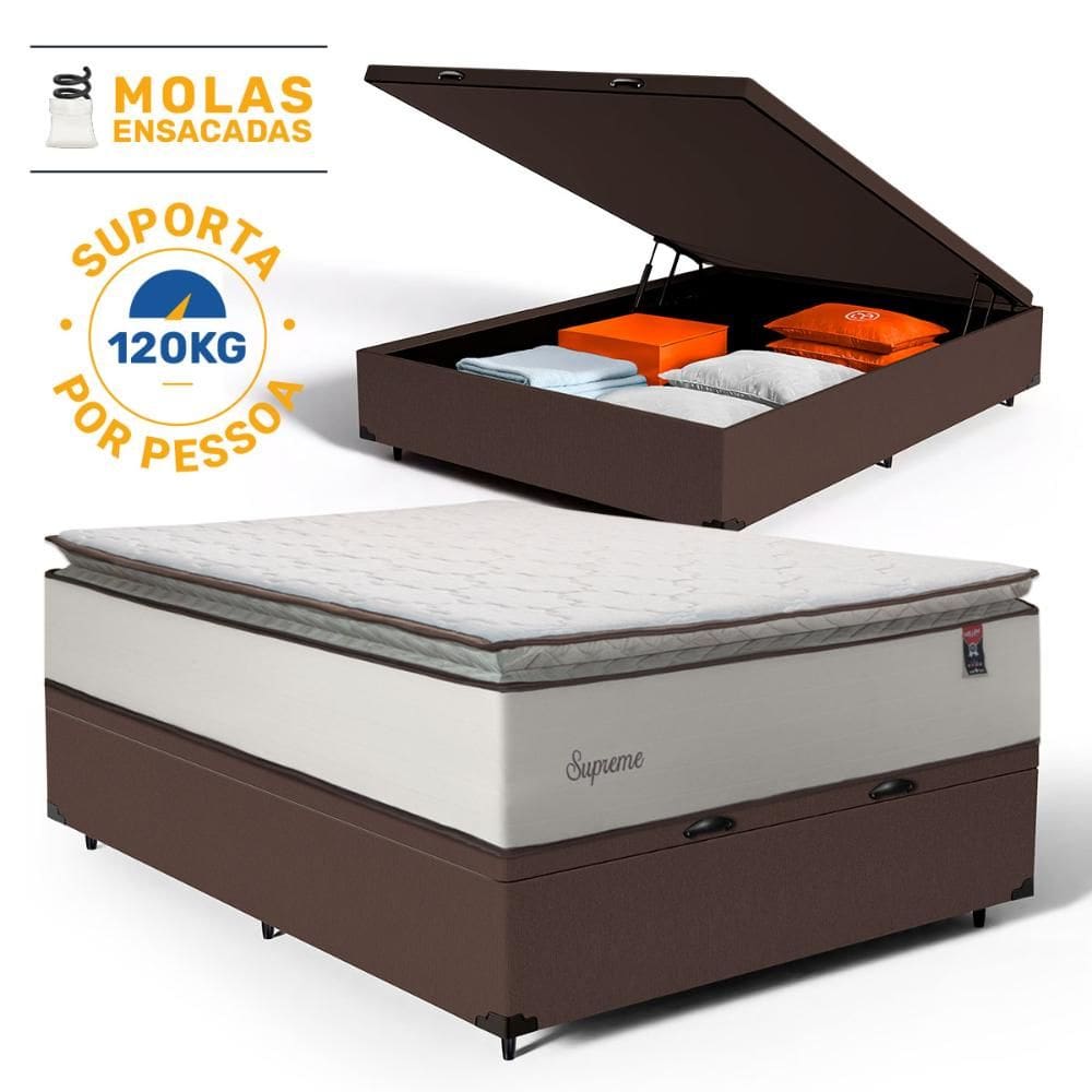 Cama Box Baú com Colchão de Molas Ensacadas Pillow Top Supreme Lux Casal 138cm