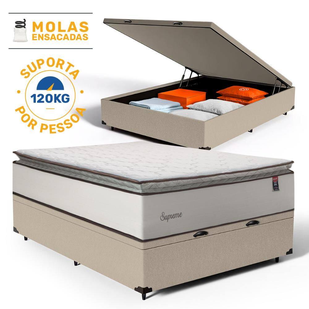 Cama Box Baú com Colchão de Molas Ensacadas Pillow Top Supreme Lux Casal 138cm