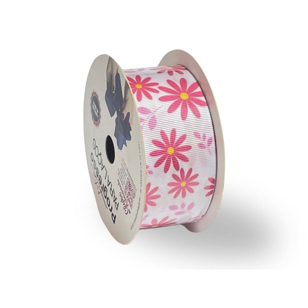 Fita De Gorgurão Para Laço 38mm 10 Metros - Floral Rosa