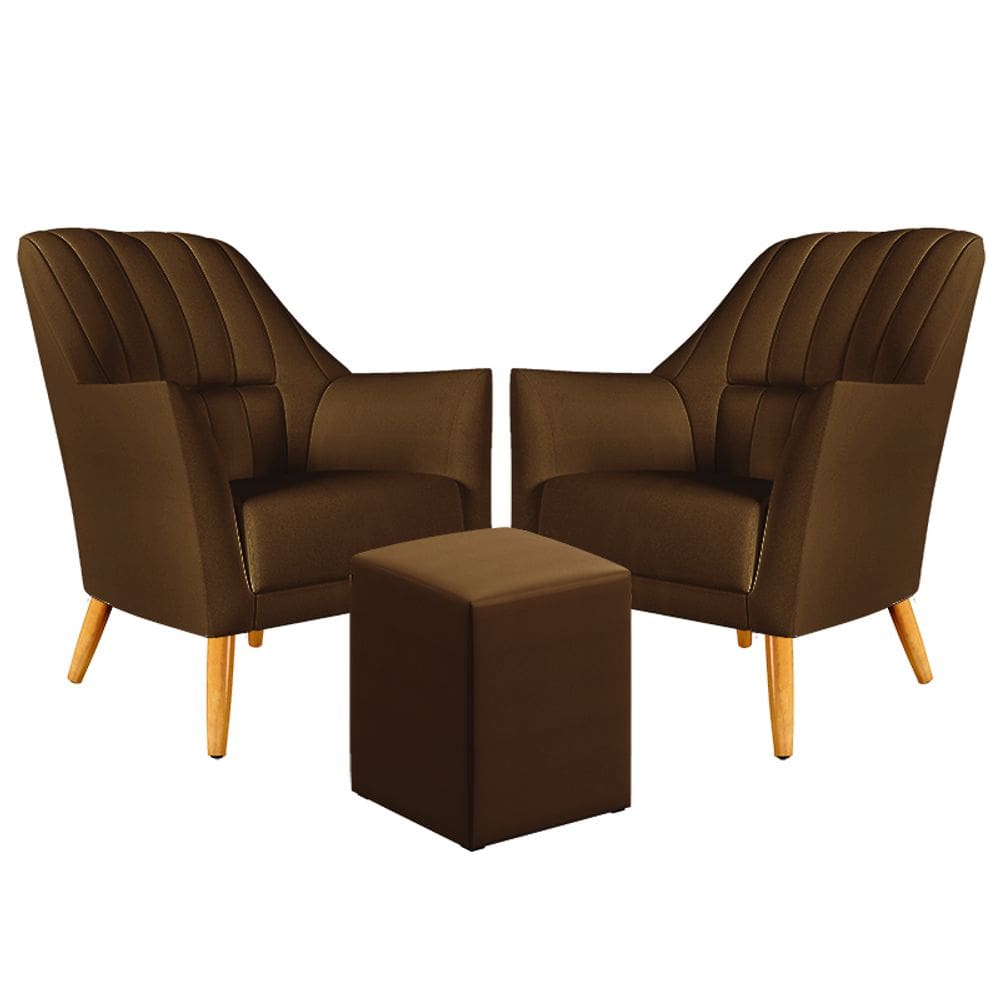 Kit 2 Poltronas Orion Bordada com Puff Izar Tecido Sued