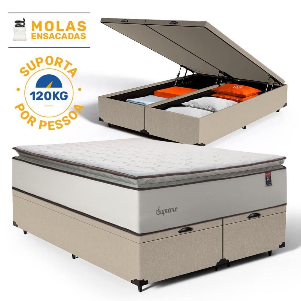 Cama Box Baú com Colchão de Molas Ensacadas Pillow Top Supreme Lux Queen 158cm