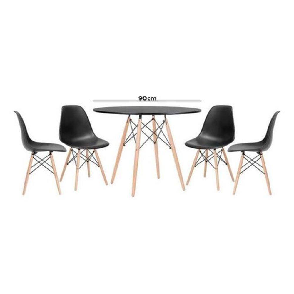 Jogo De Mesa 4 Cadeiras Pretas Eames Eiffel 90Cm Base Madeir