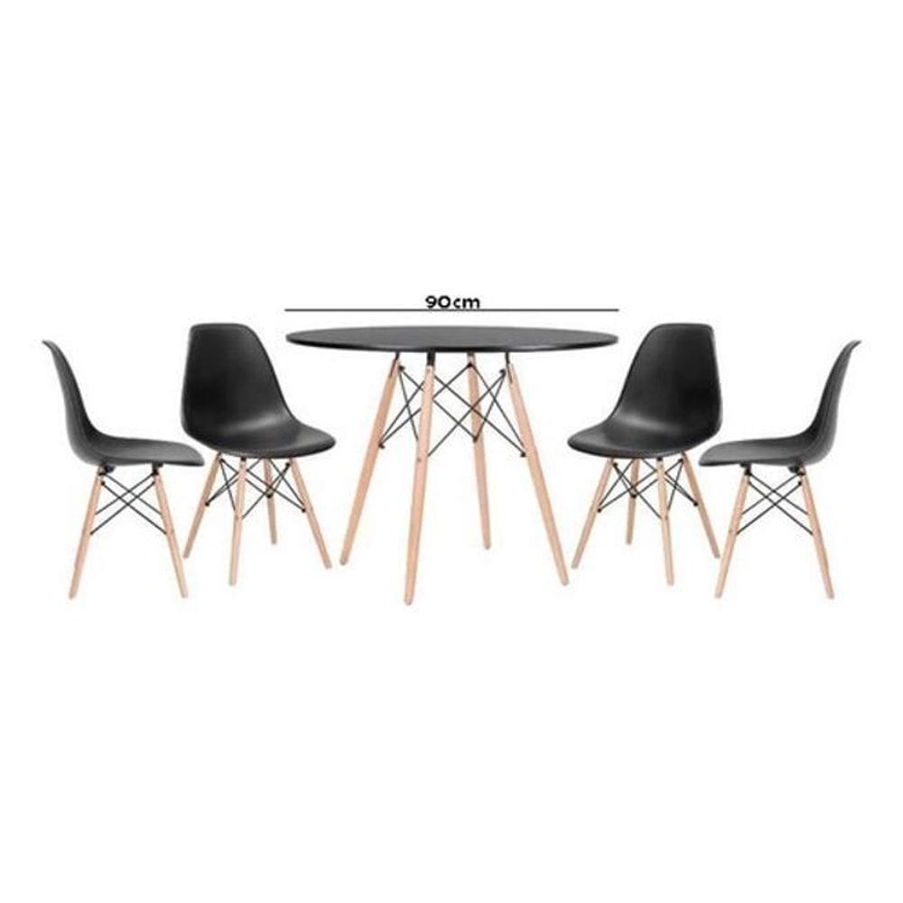 Jogo De Mesa 4 Cadeiras Pretas Eames Eiffel 90Cm Base Madeir