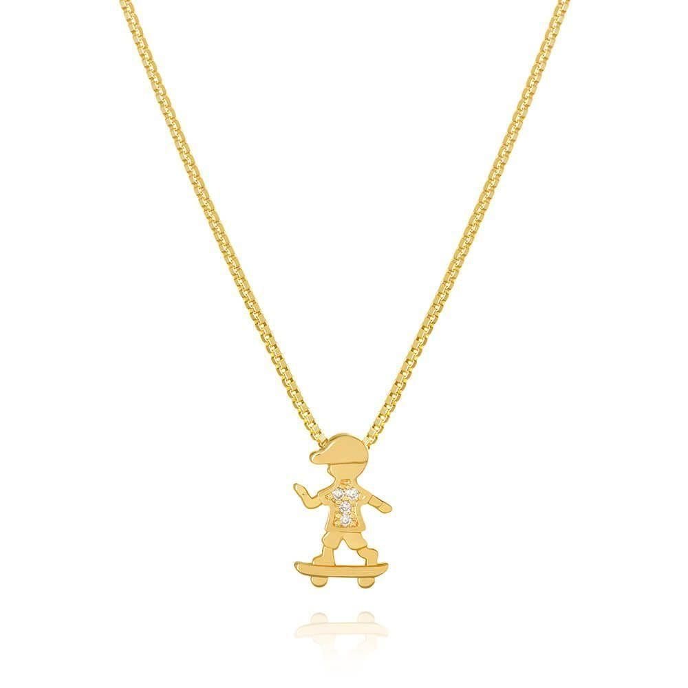 Colar Com Pingente De Filho Menino No Skate Com Zirconias Banhado Em Ouro 18k Cordão Mãe Filhos