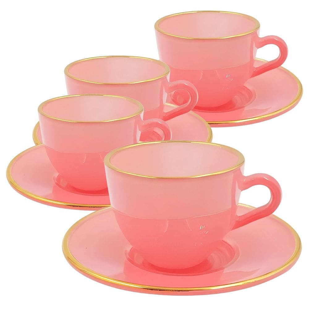 Jogo de Xícaras para Café Matte Rosa Com Borda Dourada em Vidro com Pires 85ML - 8 Peças