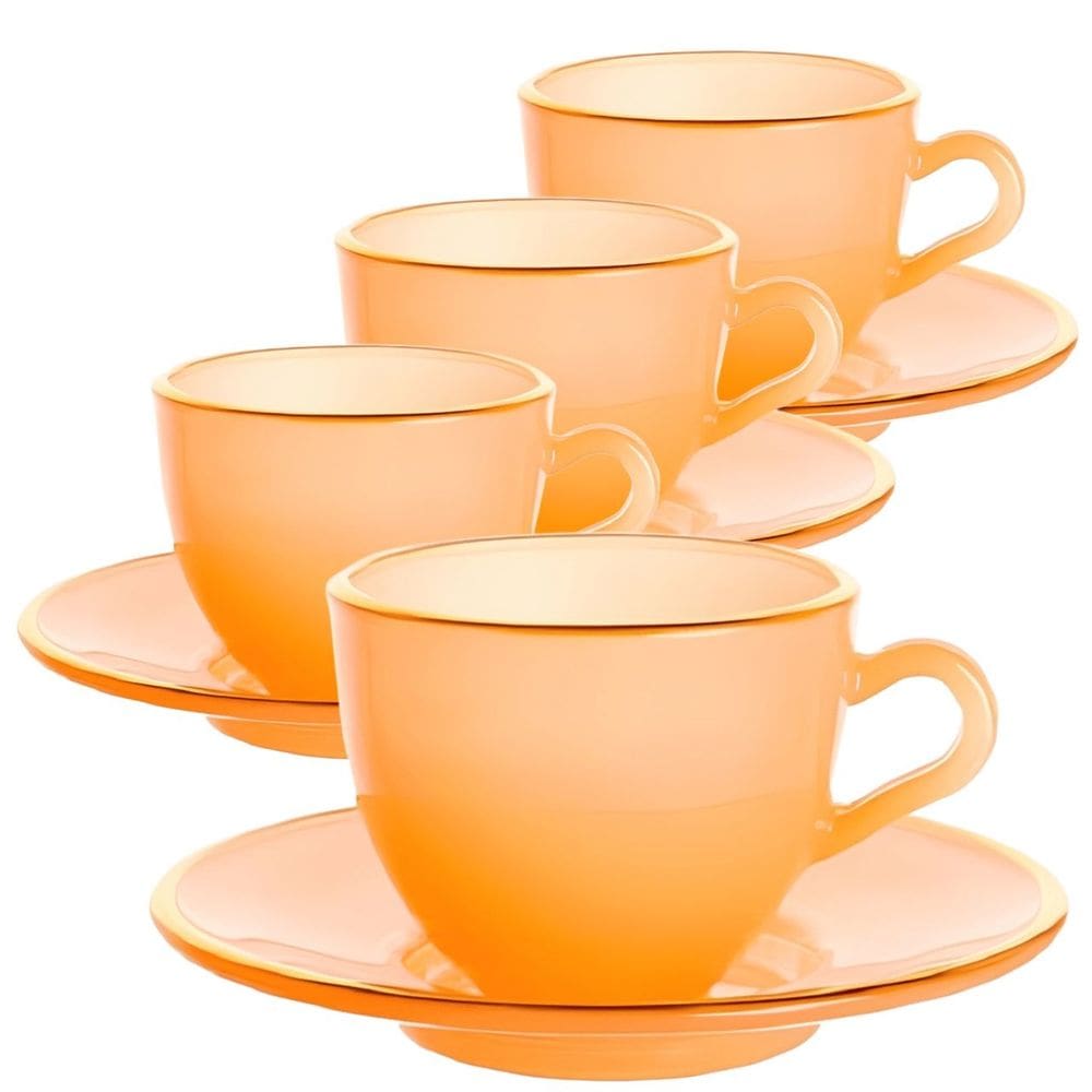 Jogo de Xícaras para Café Matte Salmão Com Borda Dourada em Vidro com Pires 85ML - 8 Peças