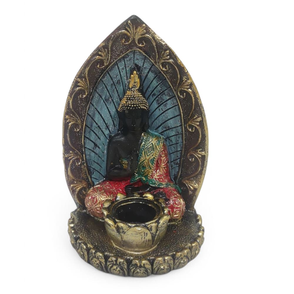 Porta Velas Buda e Folha Preto Brilhante Meditando 14 cm