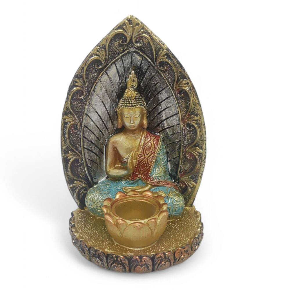 Porta Velas Buda e Folha Bronze Brilhante Meditando 14 cm