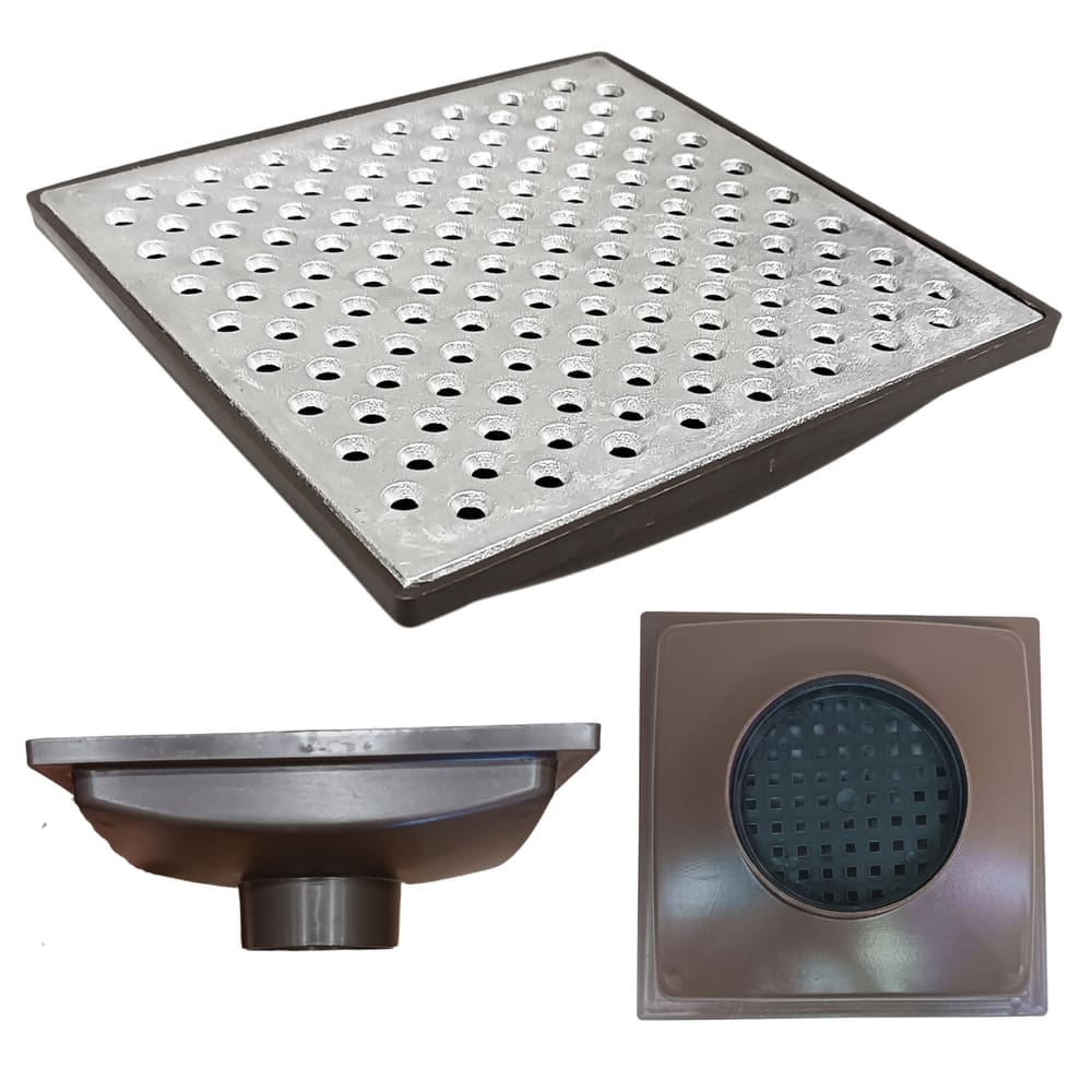 Ralo Quintal 20x20 Alumínio Perfurado Bolinha Coletor Marrom Saída Baixa para tubo de 75mm