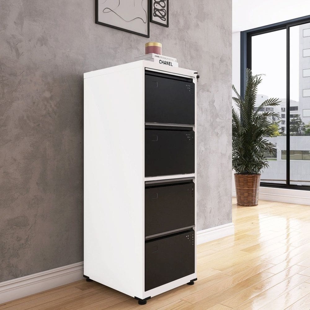 Gaveteiro Arquivo para Escritório em Aço 4 Gavetas Branco/Preto