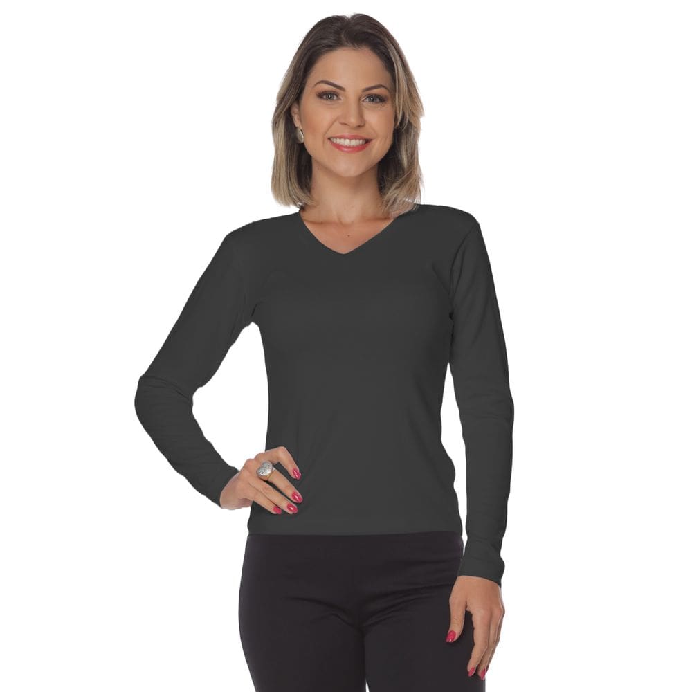Baby look canelada ribana manga longa com elastano - Gola V