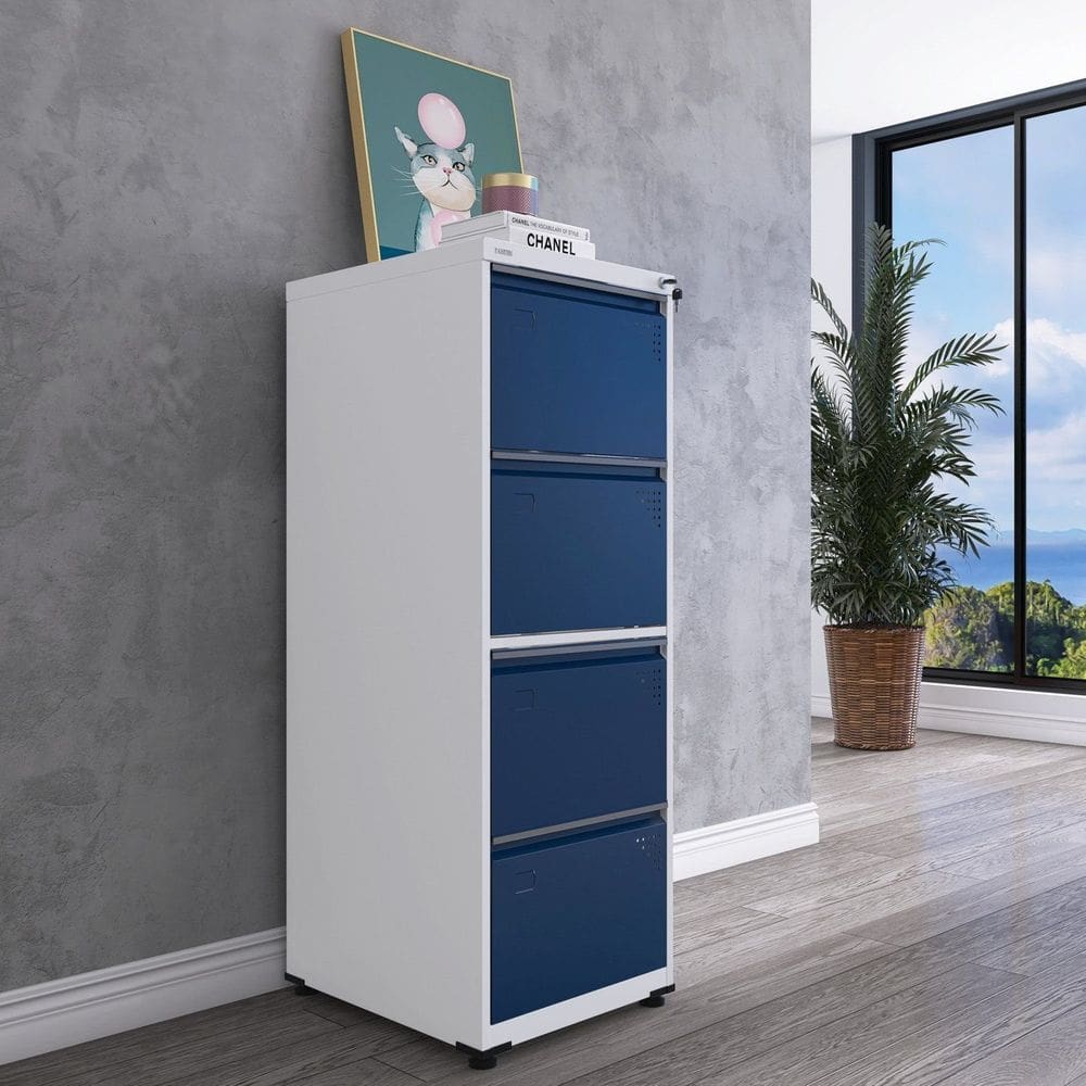 Gaveteiro Arquivo para Escritório em Aço 4 Gavetas Branco/Azul Delrei