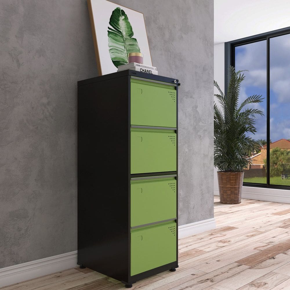 Gaveteiro Arquivo para Escritório em Aço 4 Gavetas Preto/Verde Miró