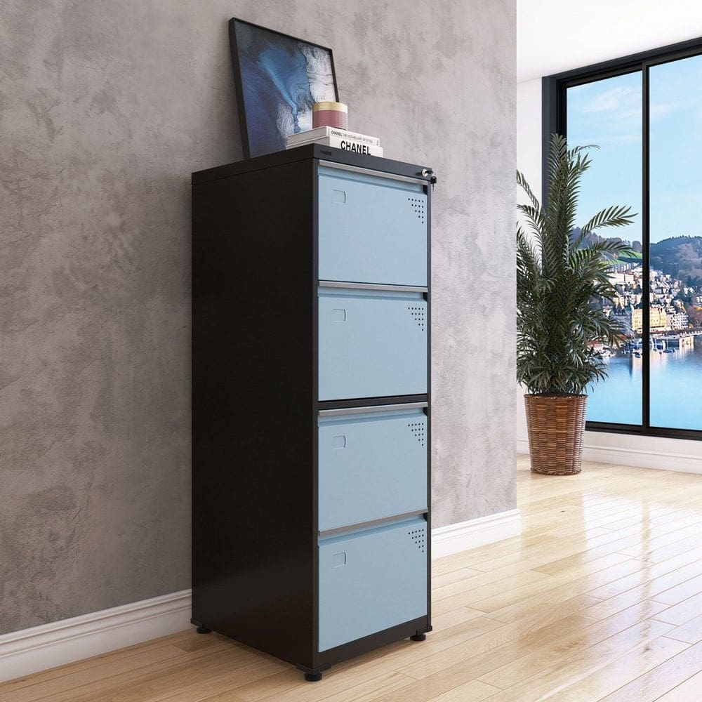 Gaveteiro Arquivo para Escritório em Aço 4 Gavetas Preto/Azul Dali