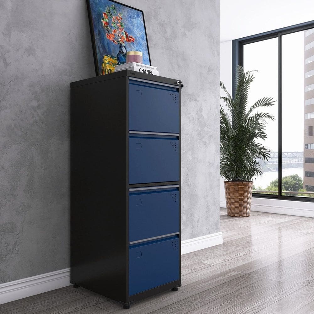 Gaveteiro Arquivo para Escritório em Aço 4 Gavetas Preto/Azul Delrei