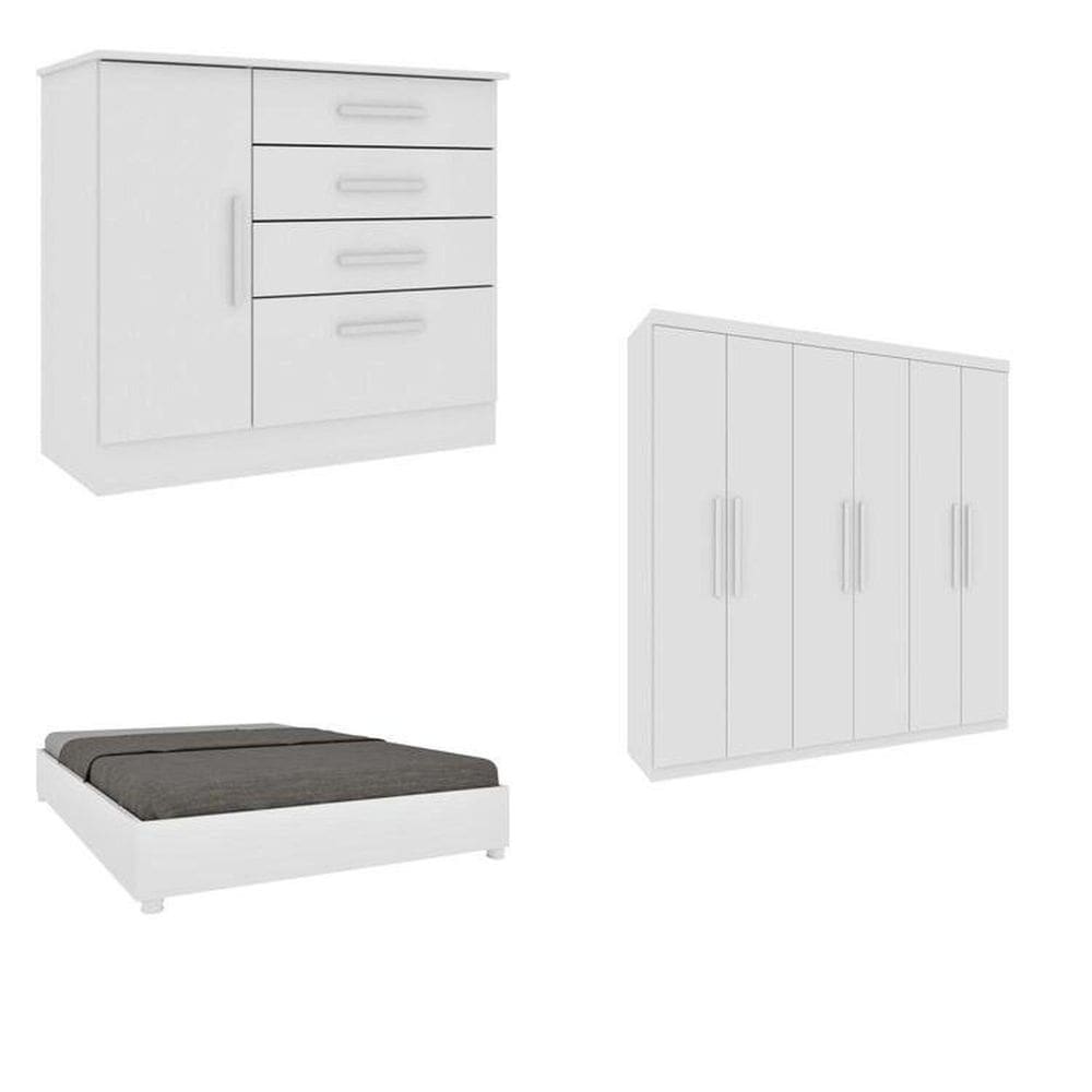 Quarto Casal Completo Guarda-Roupa 6 portas Lima, Cama Monaco e Cômoda Chicago Espresso Móveis Neve