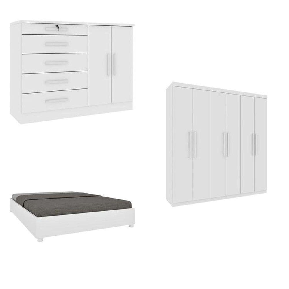 Quarto Casal Completo Guarda-Roupa 6 portas Lima, Cama Monaco e Cômoda Istambul Espresso Móveis Neve
