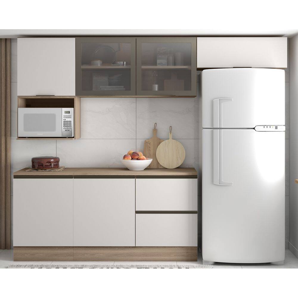 Cozinha Modulada Etna Módulos 258cm 2 Portas de Vidro - Carvalho OAK/Off White Poliman