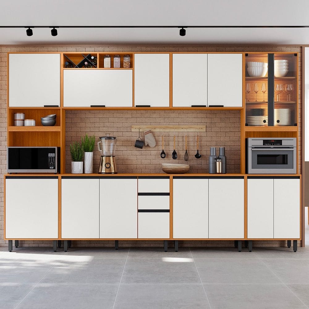 Cozinha Modulada Ravena 6 peças Com Cristaleira e Led - Freijó UV/Off Acetindo Poliman