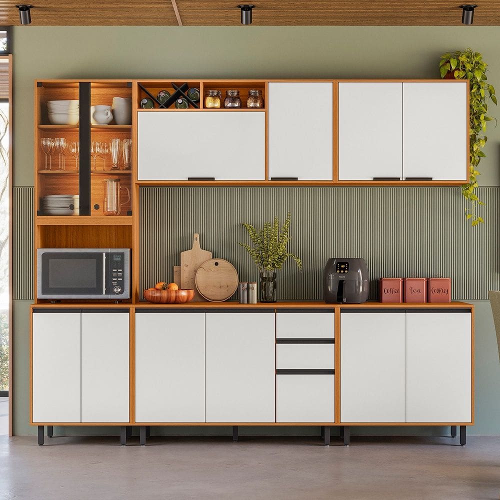 Cozinha Modulada Ravena 260cm Paneleiro/Cristaleira com Led - Freijó UV/Off Acetindo Poliman