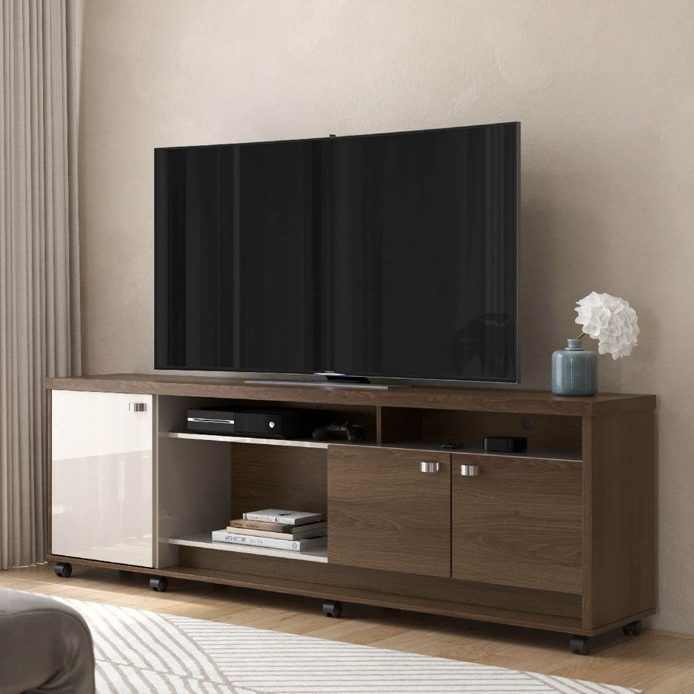 Rack para TV até 75 polegadas Dallas com 3 Portas e Rodízios Imbuia/Off White - Lukaliam