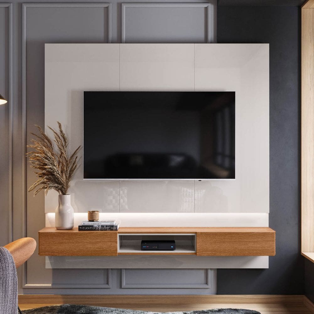 Painel Paris para TV até 70 polegadas com 2 Gavetas Iluminação em fita de LED Off White/Jequitibá - Lukaliam