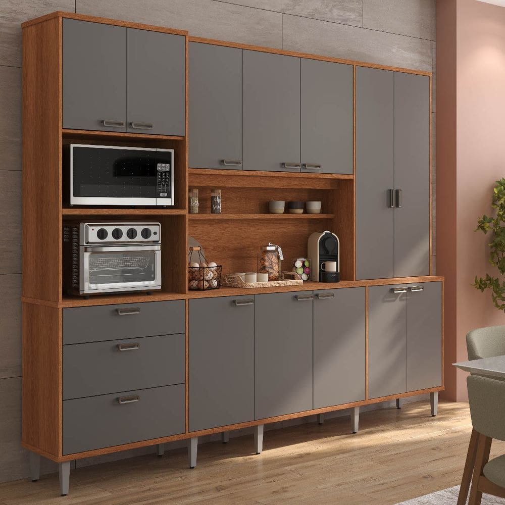 Armário de Cozinha Pulse 12 Portas 3 Gavetas Jequitibá/Grafite - Lukaliam