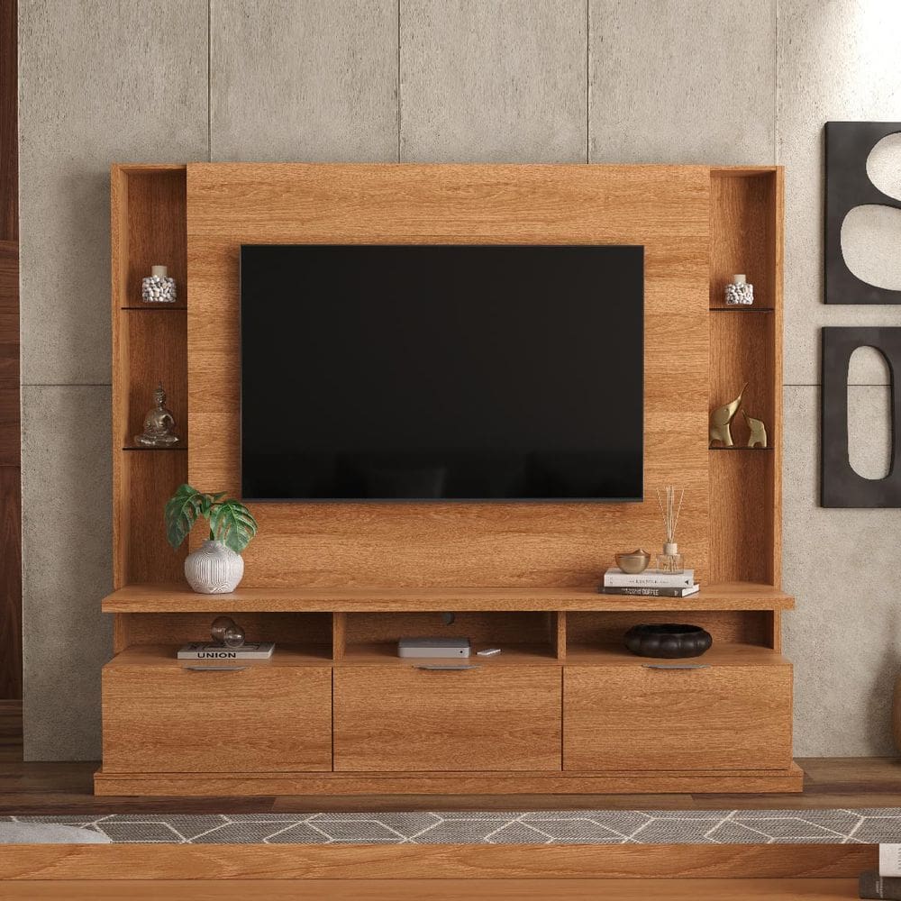 Estante Home Bilbao para TV até 70 Polegadas 3 Portas Prateleiras Vidro e Rodízio Jequitibá - Lukaliam