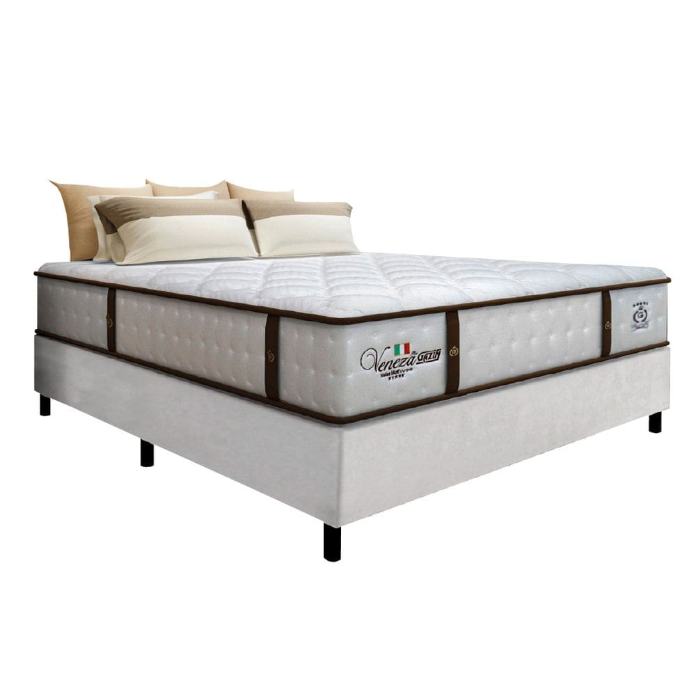 Cama Box Casal Queen Colchão Molas Ensacadas Gazin Com Pillow Veneza 158x198x68cm Branco / Marrom