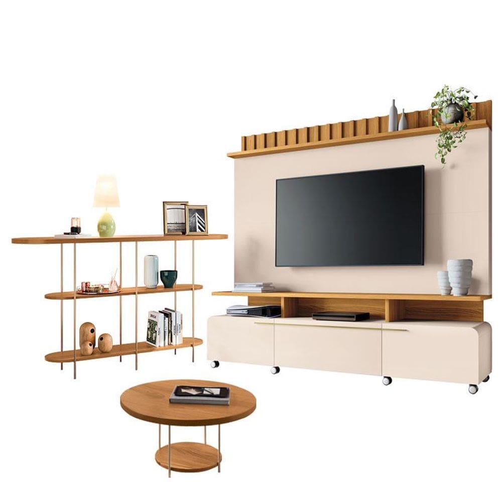 Estante Home Theater Artís Off White Cinamomo e Aparador Infinity e Mesa de Centro Sky Cinamomo- HB Móveis