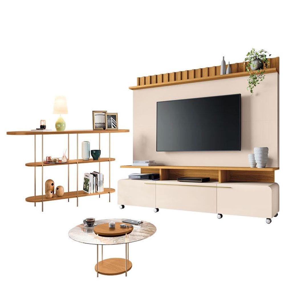 Estante Home Theater Artís Off White Cinamomo e Aparador Infinity e Mesa de Centro Sky com tampo de vidro Cinamomo- HB Móveis