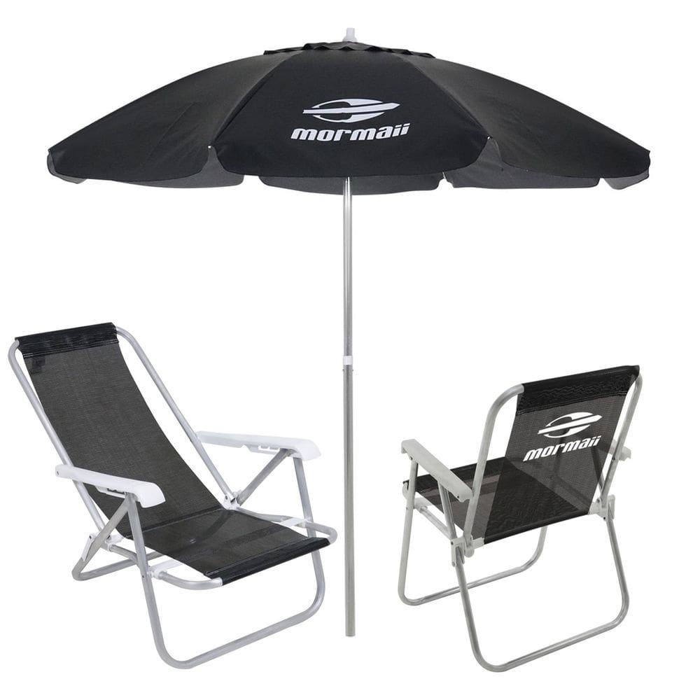 Kit 2 Cadeiras Alta e Reclinável Alumínio + Guarda Sol Bagum 2,4m Preto Mormaii - Belfix
