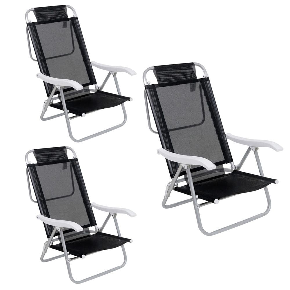 Kit 3 Cadeira Reclinável Sunny 6 Posições Em Alumíno Para Praia Piscina Camping Preta - 063007 Belfix