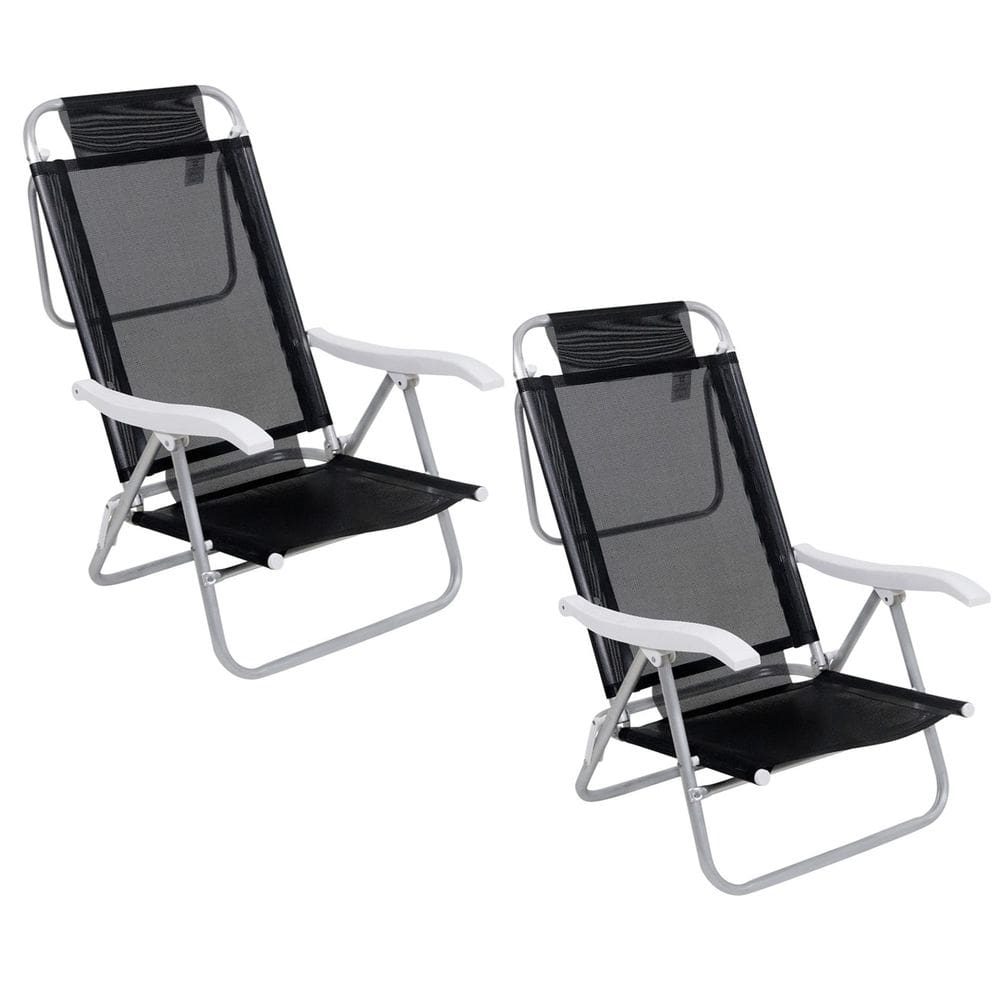 Kit 2 Cadeira Reclinável Sunny 6 Posições Alumíno Praia Piscina Camping Preta - 063007 Belfix