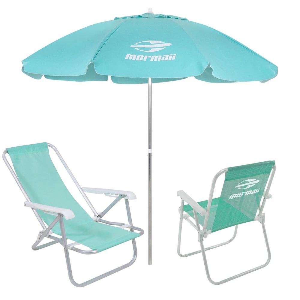 Kit 2 Cadeiras Alta e Reclinável Alumínio + Guarda Sol Bagum 2,4m Verde Mormaii - Belfix