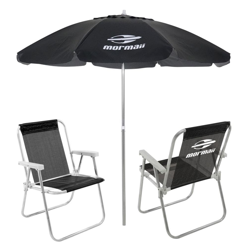 Kit 2 Cadeiras Alta Alumínio + Guarda Sol Bagum 2,4m Preto Mormaii - Belfix