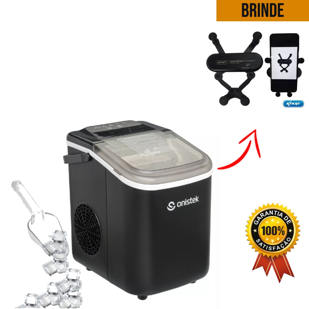 Maquina De Gelo Em Cubos Portatil 12kg 1,3l Preto 110v + Suporte de Celular