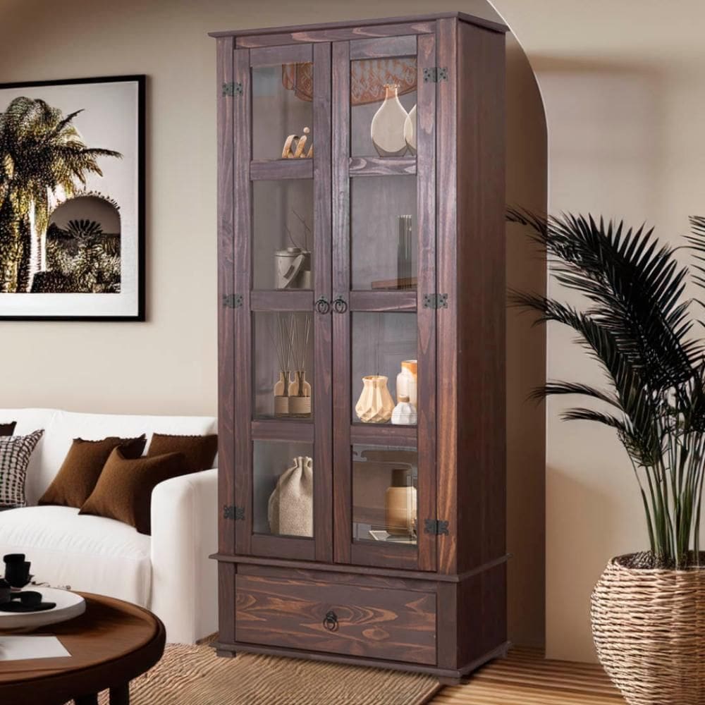 Cristaleira Rústica Madeira Maciça 2 Portas Vidro D106 Denk