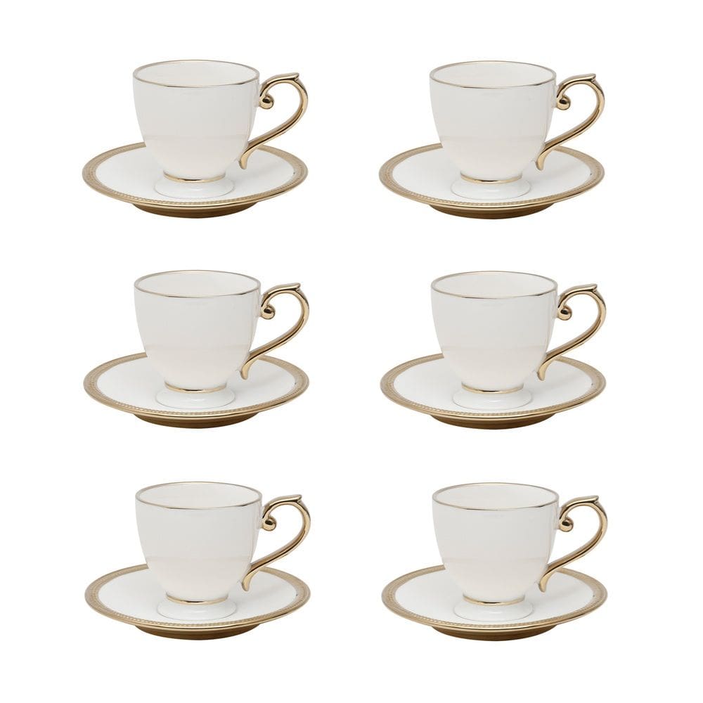 Cj 6 Xícaras P/Chá C/Pires Porcelana Paddy Branco/Dourado 200ml Wolff