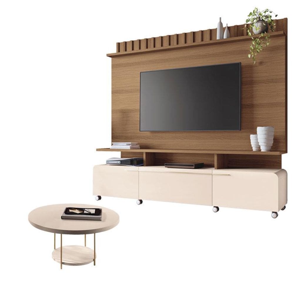 Estante Home Theater Artís Castanho Off White e Mesa de Centro Sky Off White - HB Móveis