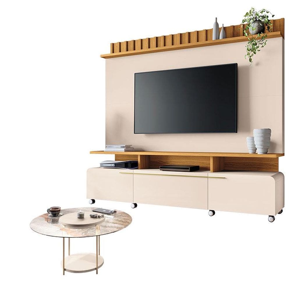 Estante Home Theater Artís Off White Cinamomo e Mesa de Centro Sky com Tampo de vidro Off White - HB Móveis