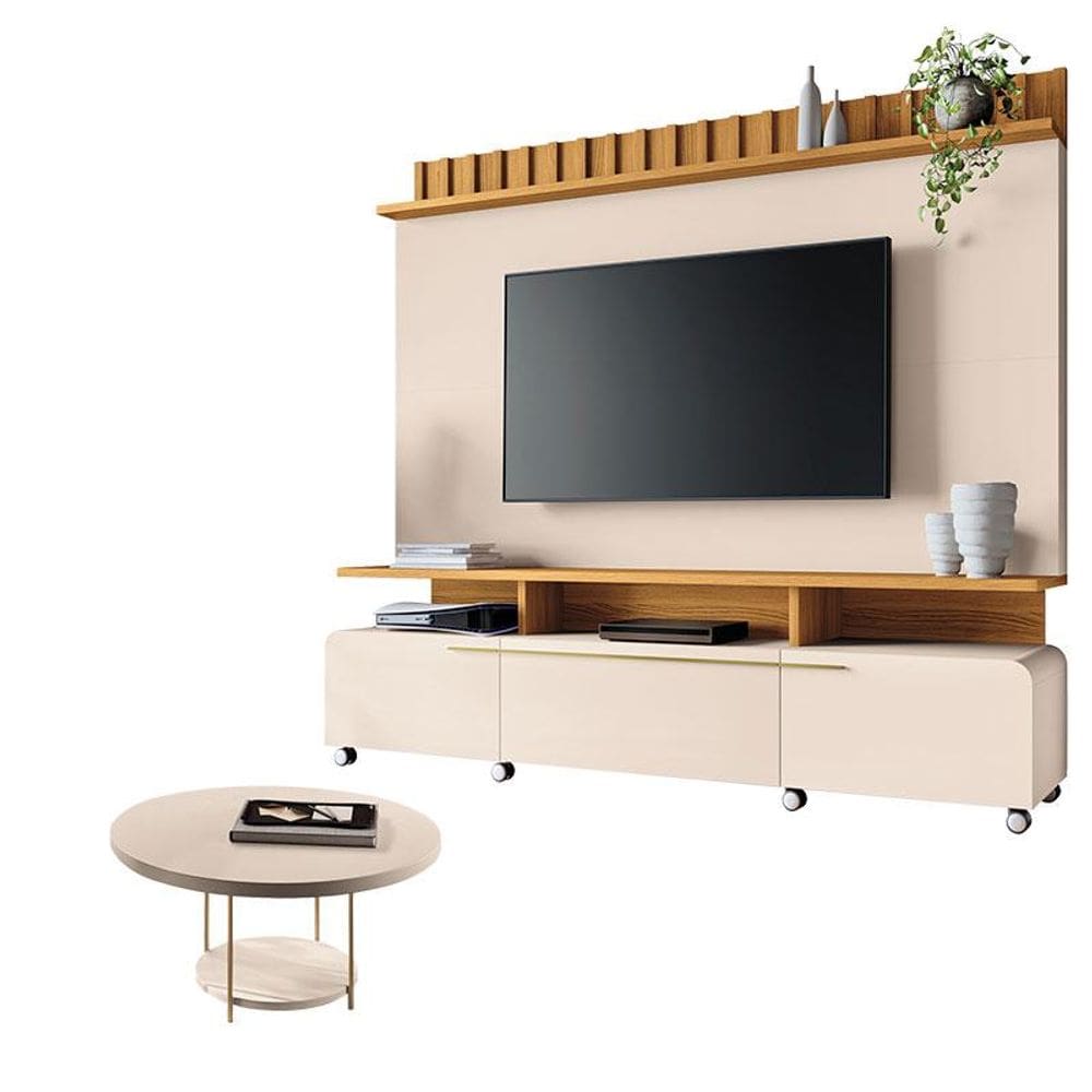 Estante Home Theater Artís Off White Cinamomo e Mesa de Centro Sky Off White - HB Móveis