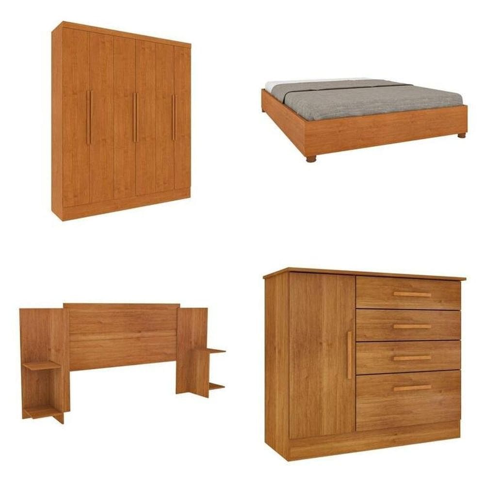 Quarto Casal Completo Guarda-Roupa 6 portas Munique Cama Mônaco com Cabeceira e Cômoda Chicago Espresso Móveis Cinamomo
